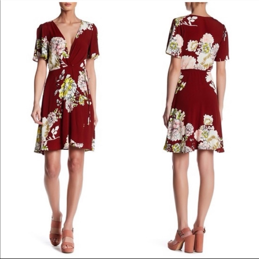 ASTR The Label Revolve Floral V-Neck Wrap Mini Dress